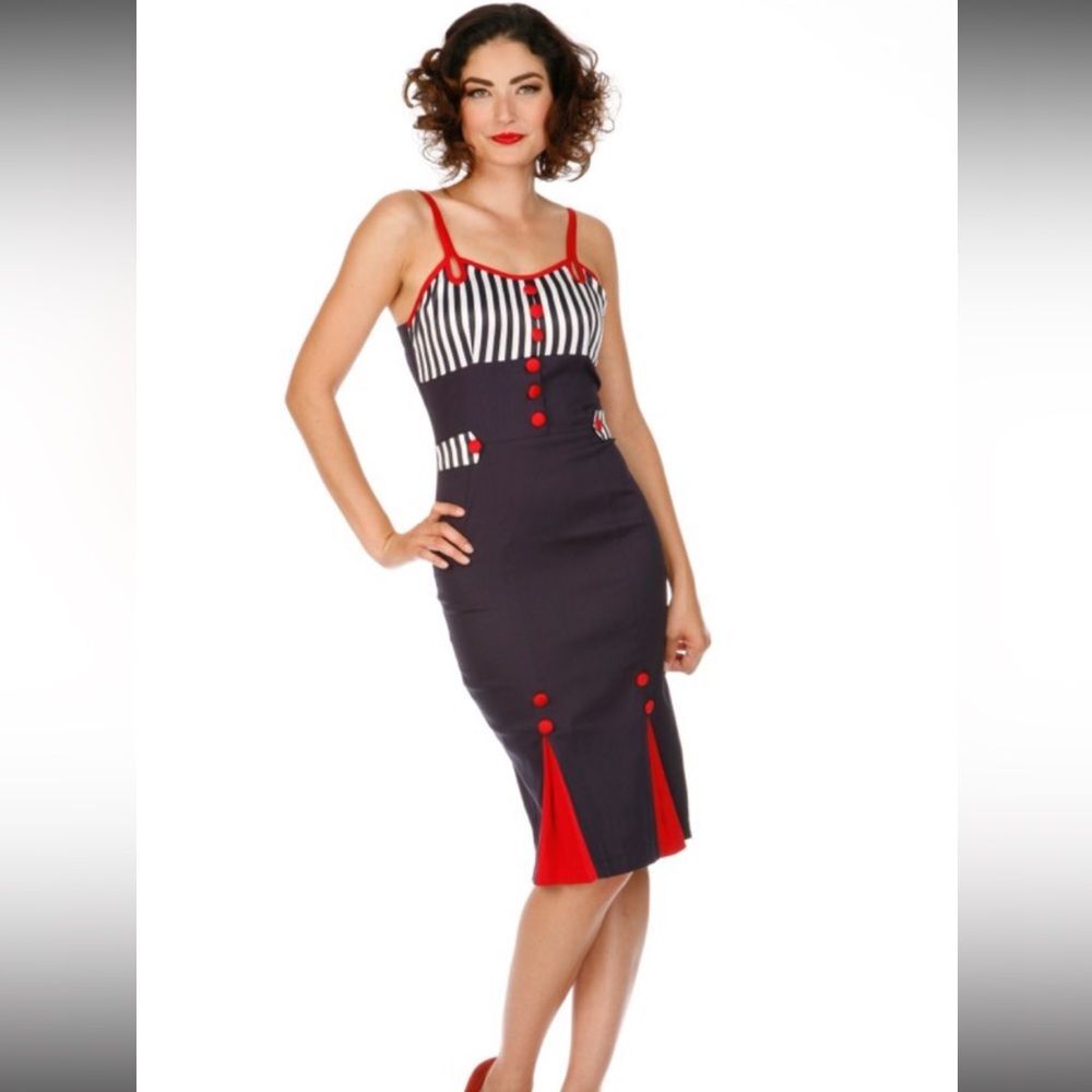 🎀Voodoo Vixen Sailor Dress Rockabilly Blue & Red pinup wiggle nautical retro S - Picture 3 of 8